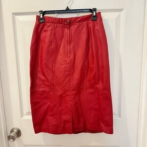 Vintage Red 100% Genuine Leather Jacqueline Ferrar Pencil Skirt Classic *flaws